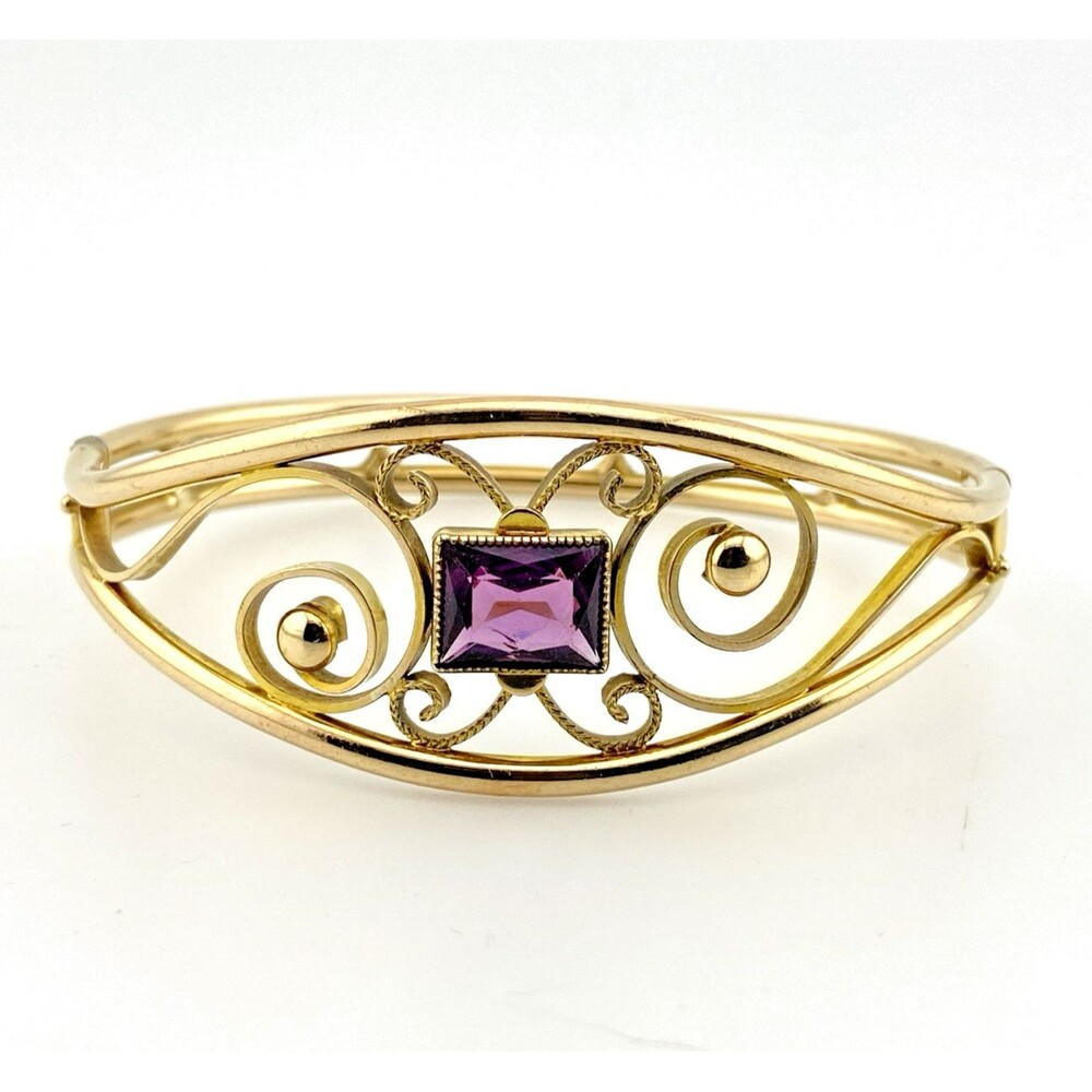 Vintage Gold Filled Amethyst Glass Clamper Bracelet Victorian Revival 6.75 in